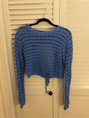 Free People Periwinkle Open-Knit Long-Sleeve Cropped Sweater